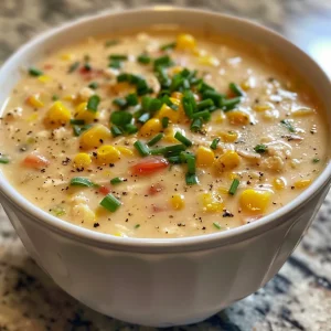 ['Close-up view of a creamy corn chowder in a bowl with a spoon beside it.', 'A side view of a hearty corn chowder garnished with diced red pepper and herbs.', 'Creamy high protein corn chowder served in a rustic bowl, showcasing its rich texture.', 'A vibrant corn chowder with visible corn kernels and diced vegetables, placed on a wooden table.']