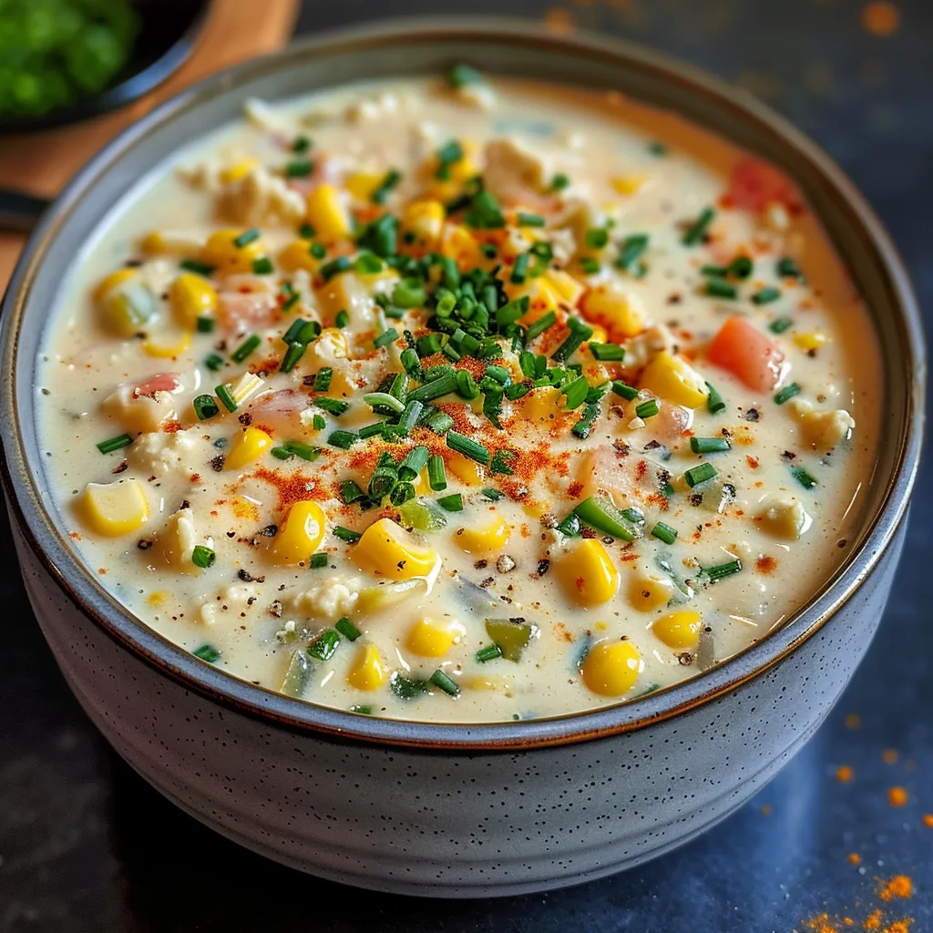 ['Close-up view of a creamy corn chowder in a bowl with a spoon beside it.', 'A side view of a hearty corn chowder garnished with diced red pepper and herbs.', 'Creamy high protein corn chowder served in a rustic bowl, showcasing its rich texture.', 'A vibrant corn chowder with visible corn kernels and diced vegetables, placed on a wooden table.']
