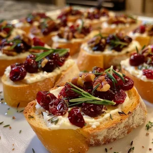 ['Close-up view of a cranberry pecan crostini topped with cream cheese and herbs.', 'Side view of a toasted crostini featuring cranberries and pecans on a wooden board.', 'Delicious cranberry and pecan appetizer on a baguette slice, garnished with herbs.', 'Close-up of a gourmet crostini with a creamy topping and colorful cranberry-pecan mix.']