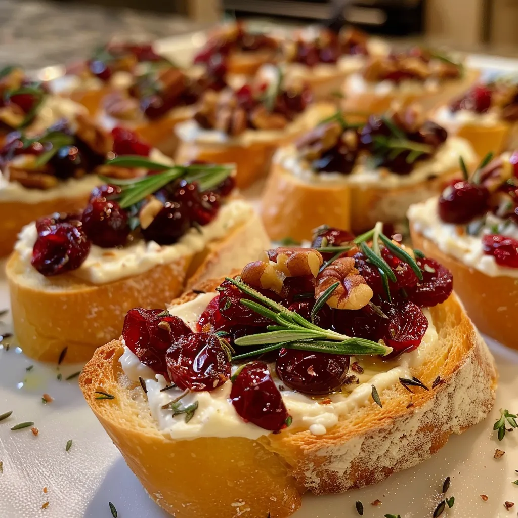 ['Close-up view of a cranberry pecan crostini topped with cream cheese and herbs.', 'Side view of a toasted crostini featuring cranberries and pecans on a wooden board.', 'Delicious cranberry and pecan appetizer on a baguette slice, garnished with herbs.', 'Close-up of a gourmet crostini with a creamy topping and colorful cranberry-pecan mix.']