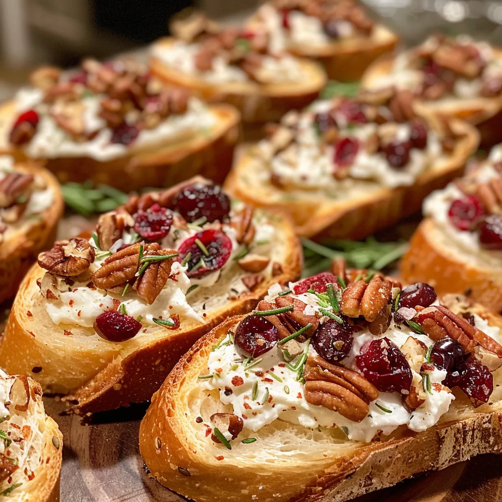 ['Close-up view of a cranberry pecan crostini topped with cream cheese and herbs.', 'Side view of a toasted crostini featuring cranberries and pecans on a wooden board.', 'Delicious cranberry and pecan appetizer on a baguette slice, garnished with herbs.', 'Close-up of a gourmet crostini with a creamy topping and colorful cranberry-pecan mix.']