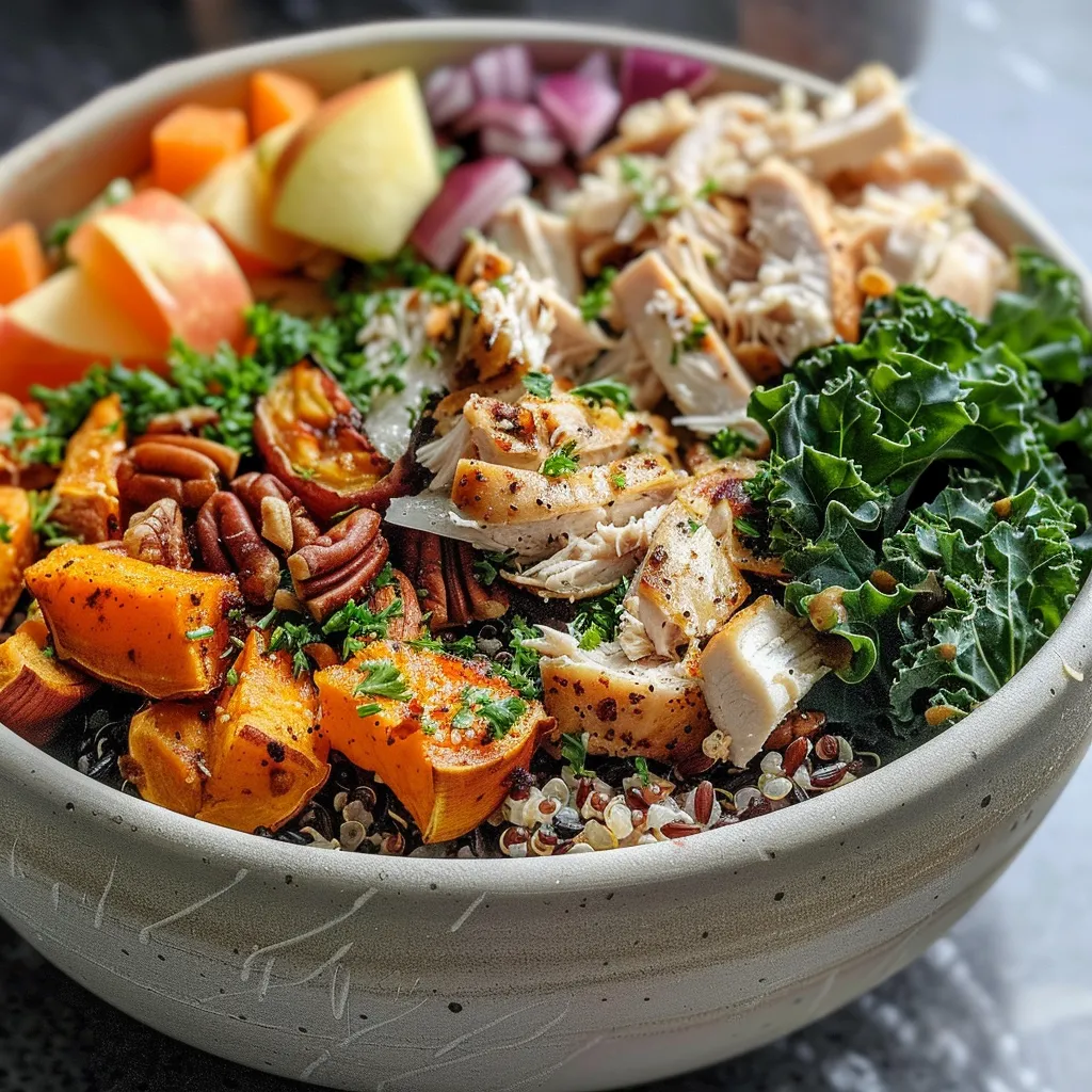 ['Close-up view of a colorful autumn grain bowl filled with quinoa, wild rice, sweet potatoes, and apple chunks.', 'Side angle of a hearty grain bowl showcasing ingredients like shredded chicken, kale, and nuts.', 'Vibrant grain bowl featuring diced sweet potatoes, fresh greens, and a drizzle of maple cinnamon vinaigrette.', 'Detailed image of a cozy grain bowl filled with quinoa, wild rice, and seasonal toppings.']