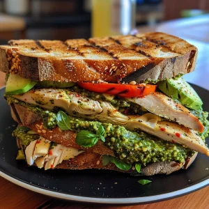 ['A close-up of a loaded chicken pesto panini showcasing layers of ingredients.', 'Side view of a juicy chicken pesto panini filled with avocado and cheese.', 'Delicious loaded chicken pesto panini with visible artichokes and roasted peppers.', 'A vibrant chicken pesto panini highlighting fresh arugula and grilled chicken.']