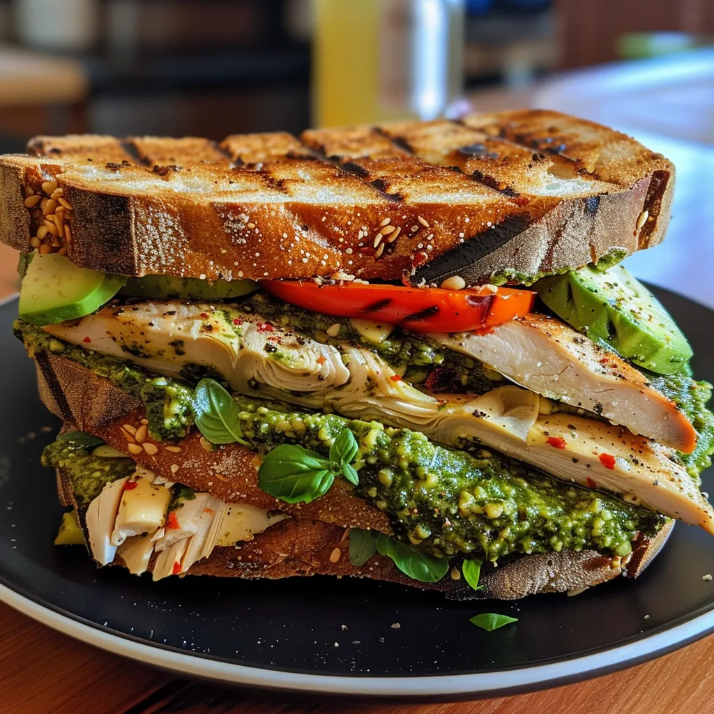 ['A close-up of a loaded chicken pesto panini showcasing layers of ingredients.', 'Side view of a juicy chicken pesto panini filled with avocado and cheese.', 'Delicious loaded chicken pesto panini with visible artichokes and roasted peppers.', 'A vibrant chicken pesto panini highlighting fresh arugula and grilled chicken.']