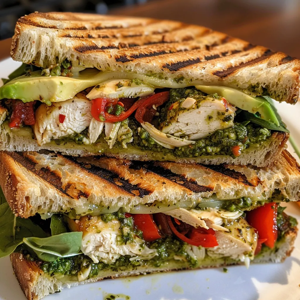 ['A close-up of a loaded chicken pesto panini showcasing layers of ingredients.', 'Side view of a juicy chicken pesto panini filled with avocado and cheese.', 'Delicious loaded chicken pesto panini with visible artichokes and roasted peppers.', 'A vibrant chicken pesto panini highlighting fresh arugula and grilled chicken.']