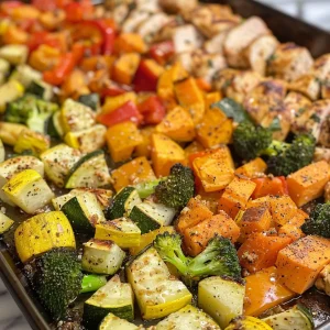 ['Juicy Sheet Pan Chicken with colorful diced vegetables including sweet potato, broccoli, bell pepper, zucchini, and yellow squash.', 'Close-up of golden brown chicken pieces surrounded by vibrant rainbow vegetables on a sheet pan.', 'Side view of a deliciously plated sheet pan chicken dish featuring a variety of diced vegetables and herbs.', 'Colorful array of roasted chicken and vegetables, including sweet potato and bell pepper, arranged on a sheet pan.']