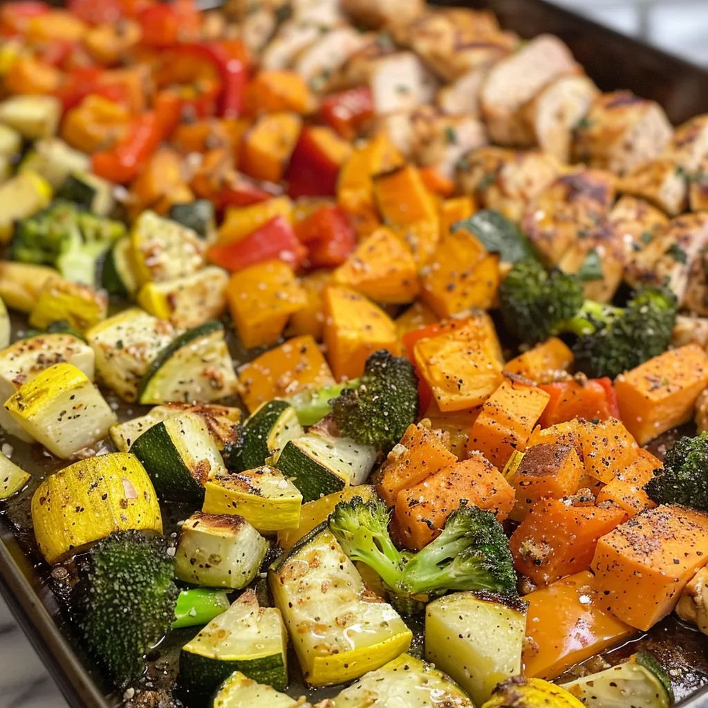 ['Juicy Sheet Pan Chicken with colorful diced vegetables including sweet potato, broccoli, bell pepper, zucchini, and yellow squash.', 'Close-up of golden brown chicken pieces surrounded by vibrant rainbow vegetables on a sheet pan.', 'Side view of a deliciously plated sheet pan chicken dish featuring a variety of diced vegetables and herbs.', 'Colorful array of roasted chicken and vegetables, including sweet potato and bell pepper, arranged on a sheet pan.']
