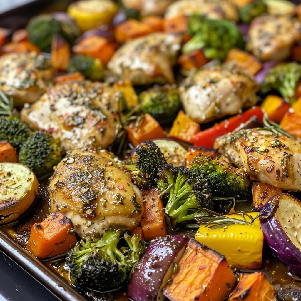 ['Juicy Sheet Pan Chicken with colorful diced vegetables including sweet potato, broccoli, bell pepper, zucchini, and yellow squash.', 'Close-up of golden brown chicken pieces surrounded by vibrant rainbow vegetables on a sheet pan.', 'Side view of a deliciously plated sheet pan chicken dish featuring a variety of diced vegetables and herbs.', 'Colorful array of roasted chicken and vegetables, including sweet potato and bell pepper, arranged on a sheet pan.']