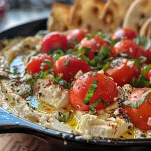['Close-up view of baked feta dip with tomatoes and garlic.', 'Creamy baked feta dip surrounded by colorful grape tomatoes.', 'Side view of a delicious baked feta dip served with pita.', 'Appetizing baked feta dip featuring roasted garlic and fresh basil.']