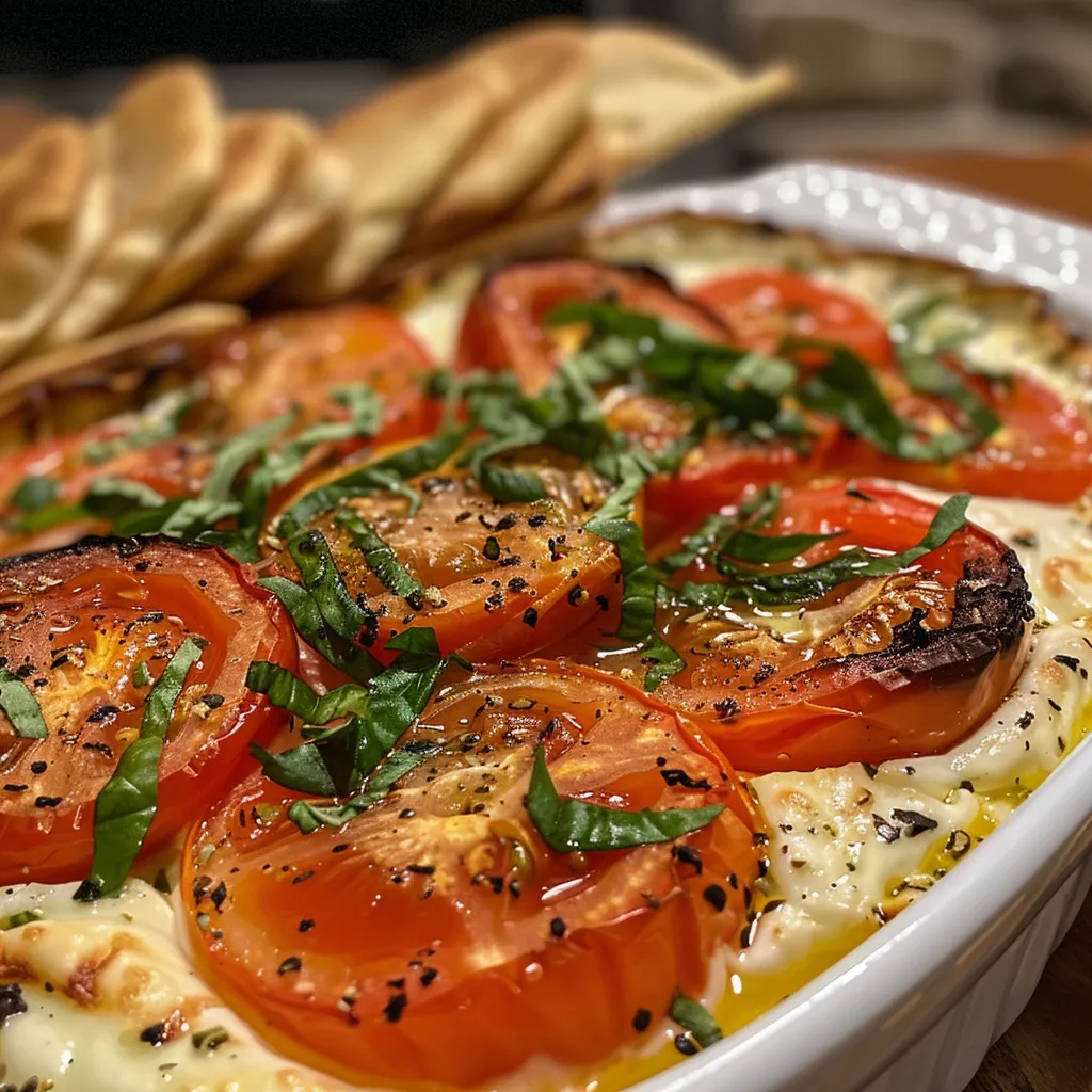 ['Close-up view of baked feta dip with tomatoes and garlic.', 'Creamy baked feta dip surrounded by colorful grape tomatoes.', 'Side view of a delicious baked feta dip served with pita.', 'Appetizing baked feta dip featuring roasted garlic and fresh basil.']