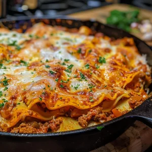 ['Close-up side view of a Pumpkin Lasagna Skillet on a wooden table.', 'Juicy Pumpkin Lasagna Skillet presented in a cast iron pan with melted cheese.', 'A colorful serving of Pumpkin Lasagna Skillet topped with chopped parsley.', 'Bite-sized pieces of lasagna noodles in a creamy pumpkin sauce with herbs.']