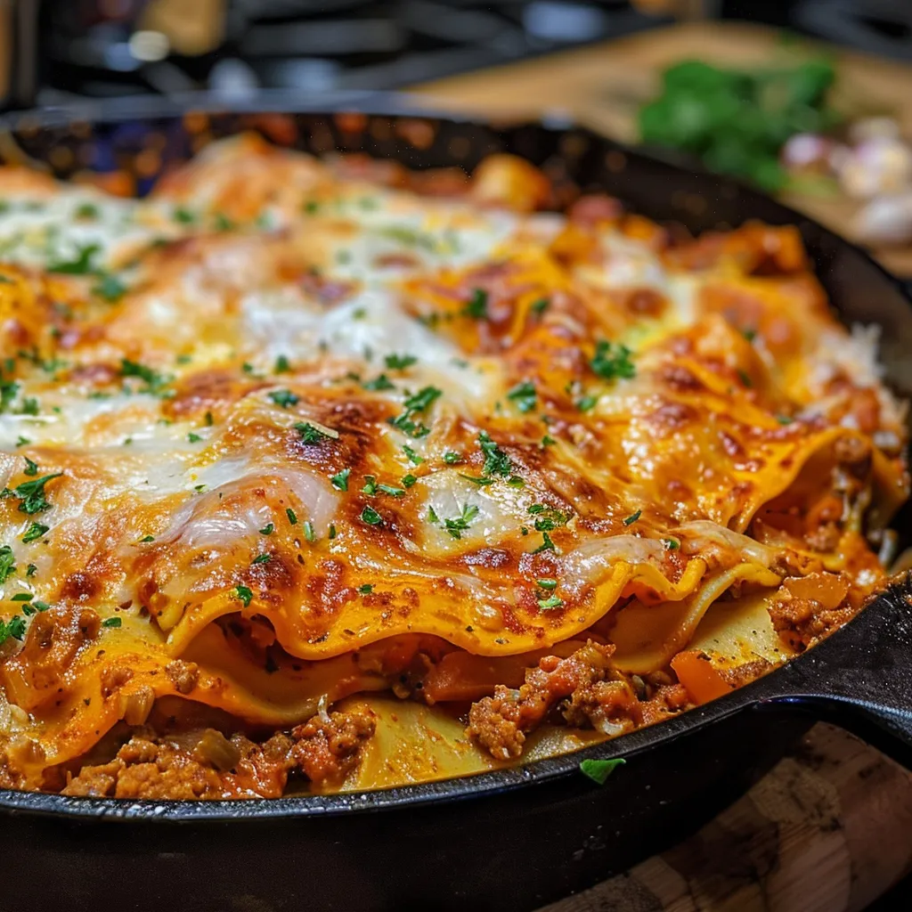 ['Close-up side view of a Pumpkin Lasagna Skillet on a wooden table.', 'Juicy Pumpkin Lasagna Skillet presented in a cast iron pan with melted cheese.', 'A colorful serving of Pumpkin Lasagna Skillet topped with chopped parsley.', 'Bite-sized pieces of lasagna noodles in a creamy pumpkin sauce with herbs.']