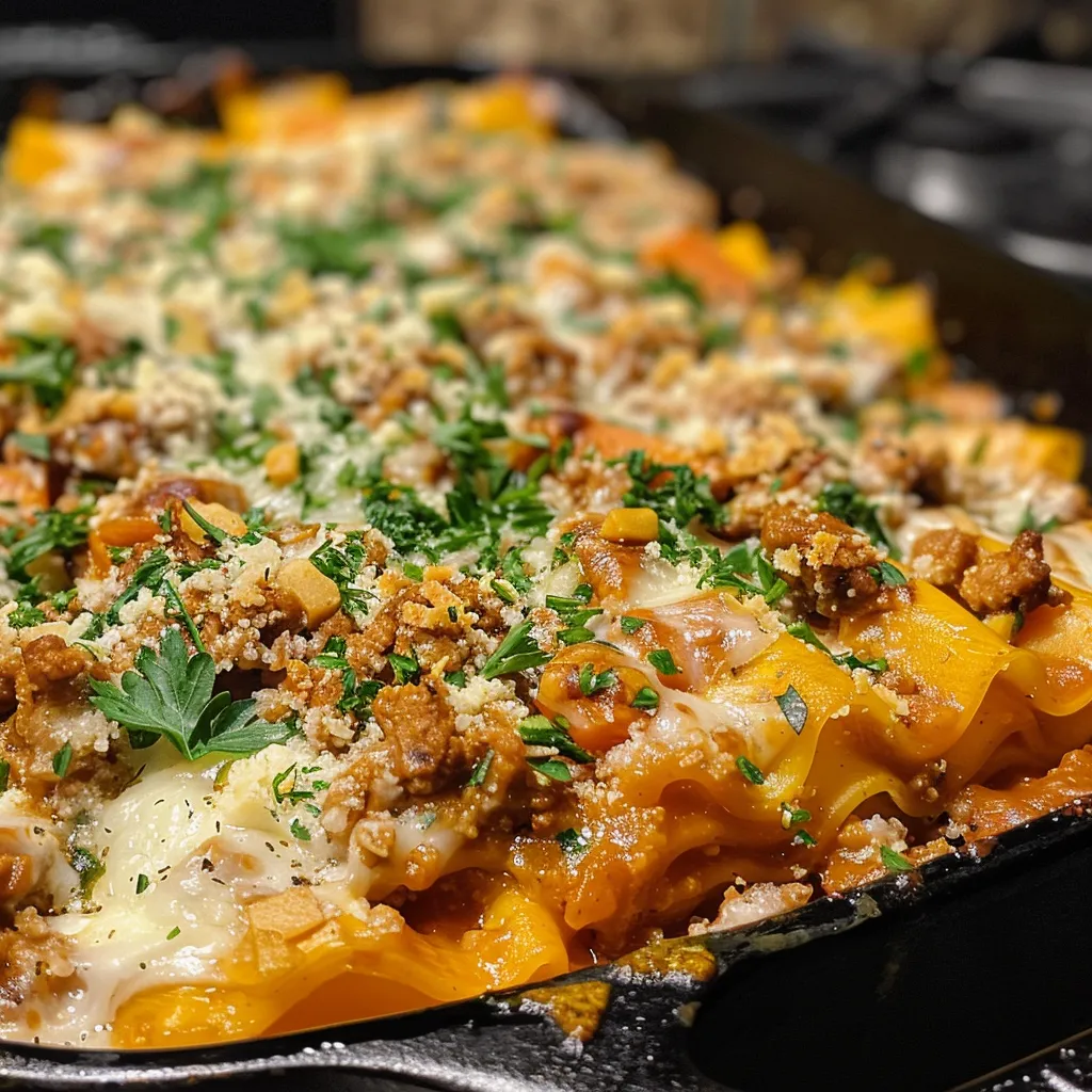 ['Close-up side view of a Pumpkin Lasagna Skillet on a wooden table.', 'Juicy Pumpkin Lasagna Skillet presented in a cast iron pan with melted cheese.', 'A colorful serving of Pumpkin Lasagna Skillet topped with chopped parsley.', 'Bite-sized pieces of lasagna noodles in a creamy pumpkin sauce with herbs.']