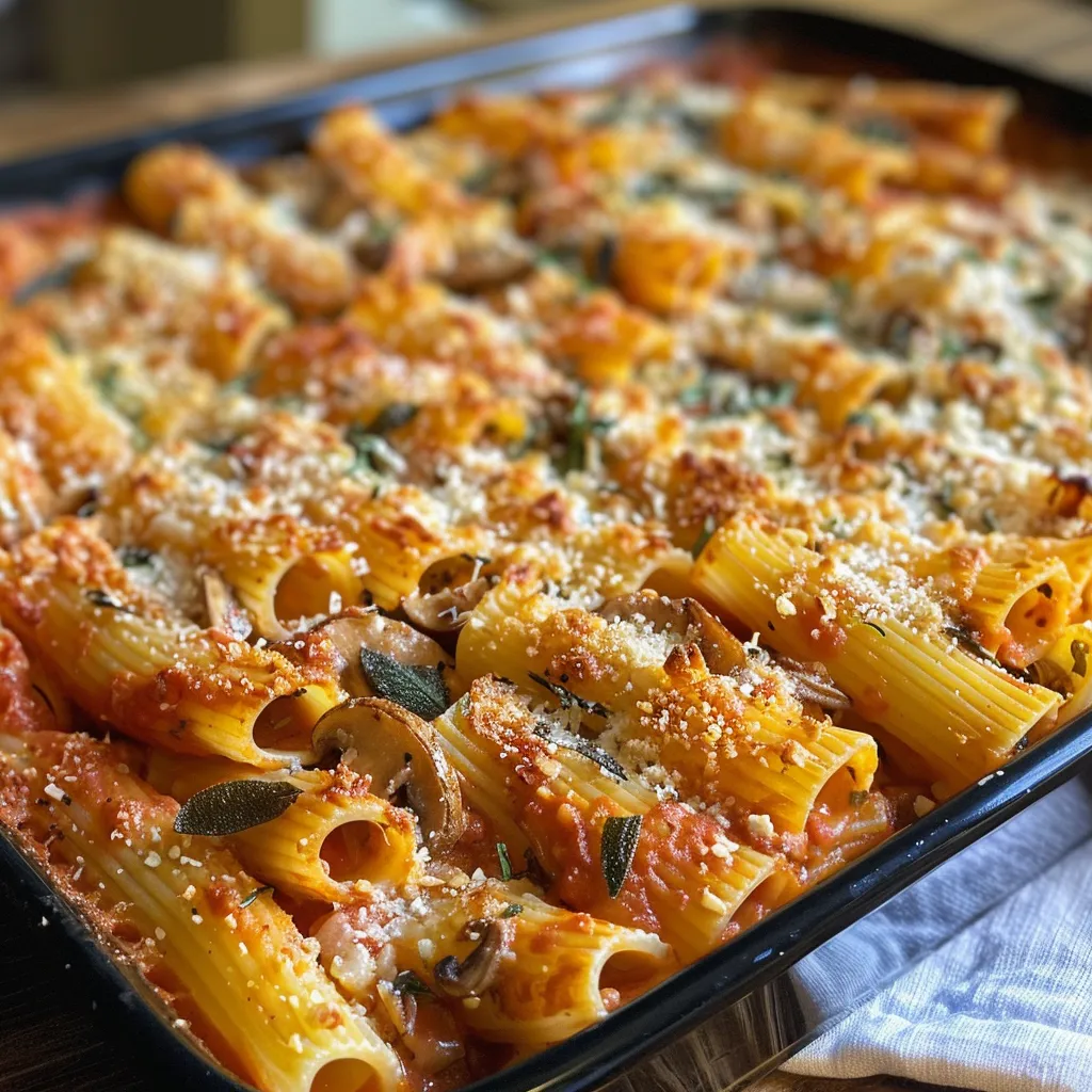 ['Close-up of a delicious pasta bake topped with melted cheese and pumpkin tomato sauce.', 'Side view of a hearty pasta bake, showcasing the creamy pumpkin sauce and garnished with herbs.', 'A vibrant dish of pasta bake with a rich pumpkin and tomato sauce, freshly baked and golden on top.', 'Juicy pasta bake featuring a blend of tubular pasta and pumpkin sauce, served in a baking dish.']