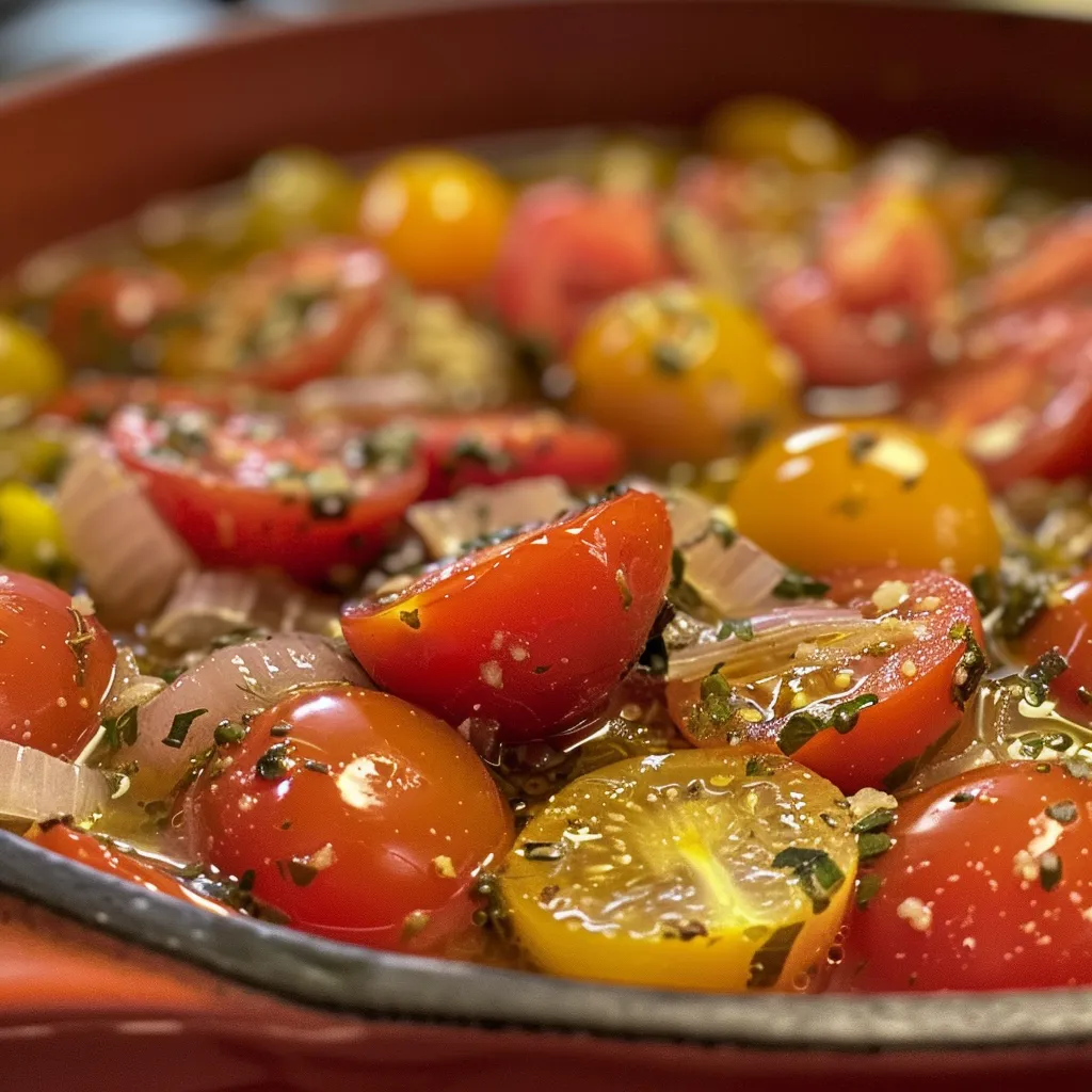 ['A vibrant side view of Sheet Pan Tomato Soup filled with cherry tomatoes and garlic.', 'Close-up shot of a bowl of Sheet Pan Tomato Soup garnished with cream and olive oil.', 'A rich, red tomato soup featuring halved cherry tomatoes and fresh herbs.', 'An inviting image of Sheet Pan Tomato Soup, showcasing its chunky texture and colorful ingredients.']