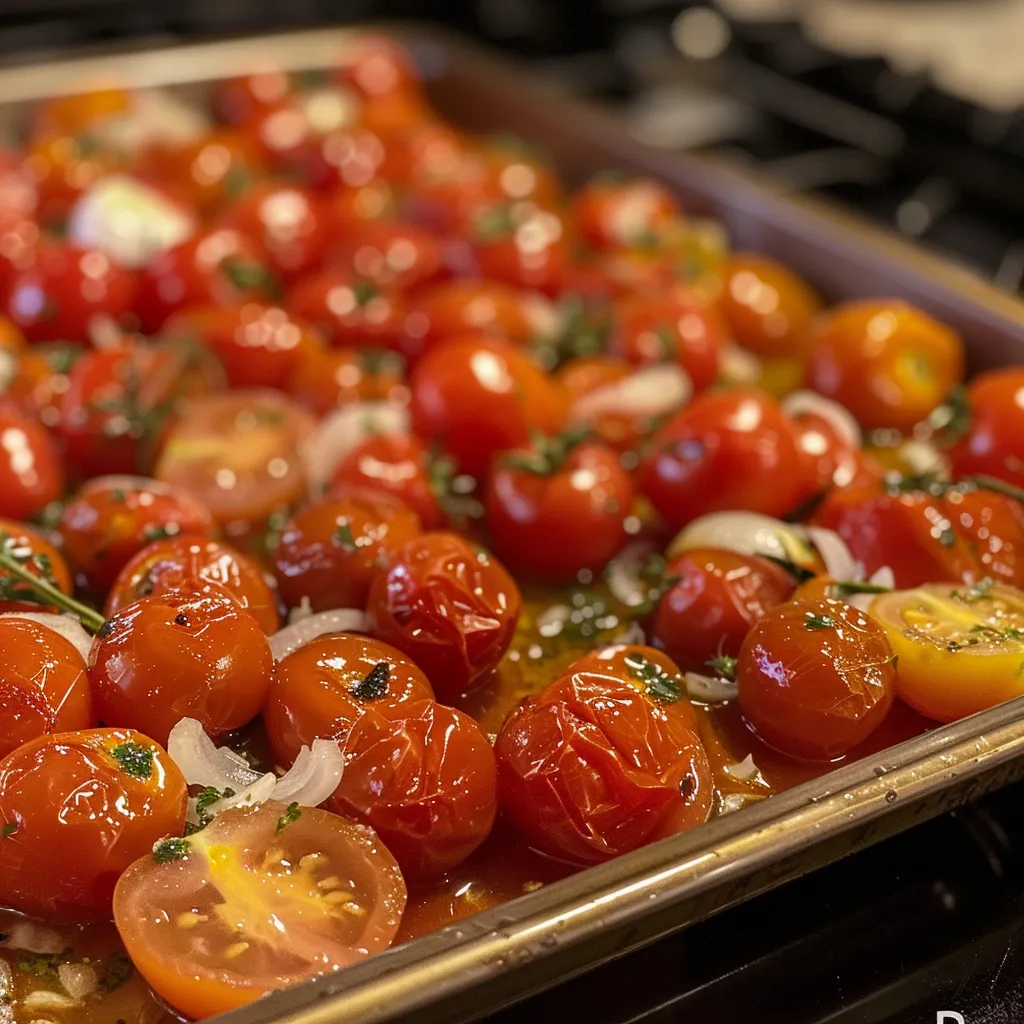 ['A vibrant side view of Sheet Pan Tomato Soup filled with cherry tomatoes and garlic.', 'Close-up shot of a bowl of Sheet Pan Tomato Soup garnished with cream and olive oil.', 'A rich, red tomato soup featuring halved cherry tomatoes and fresh herbs.', 'An inviting image of Sheet Pan Tomato Soup, showcasing its chunky texture and colorful ingredients.']