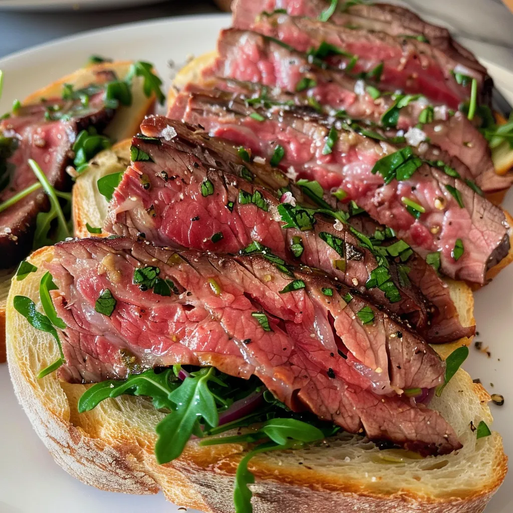 ['Close-up view of Roast Beef Crostini topped with fresh herbs.', 'A diagonal slice of French bread topped with roast beef and cream cheese.', 'Appetizer featuring juicy roast beef on bread, garnished with arugula.', 'Side view of a roast beef crostini, showcasing melted cream cheese and spices.']