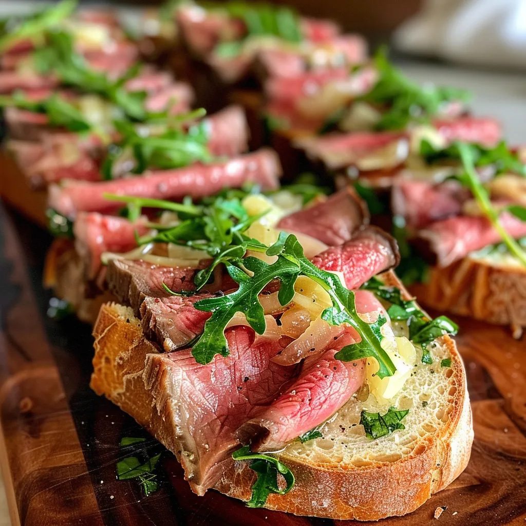 ['Close-up view of Roast Beef Crostini topped with fresh herbs.', 'A diagonal slice of French bread topped with roast beef and cream cheese.', 'Appetizer featuring juicy roast beef on bread, garnished with arugula.', 'Side view of a roast beef crostini, showcasing melted cream cheese and spices.']
