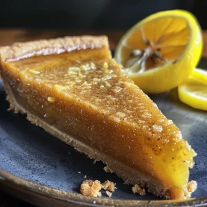 ['Side view of a Meyer Lemon Ginger Molasses Tart with a golden crust and glossy topping.', 'Juicy Meyer Lemon Ginger Molasses Tart displayed on a rustic wooden table.', 'Close-up shot of a tangy lemon tart showcasing a flaky crust and creamy filling.', 'Delicious Meyer Lemon Ginger Molasses Tart garnished with lemon zest and sliced ginger.']