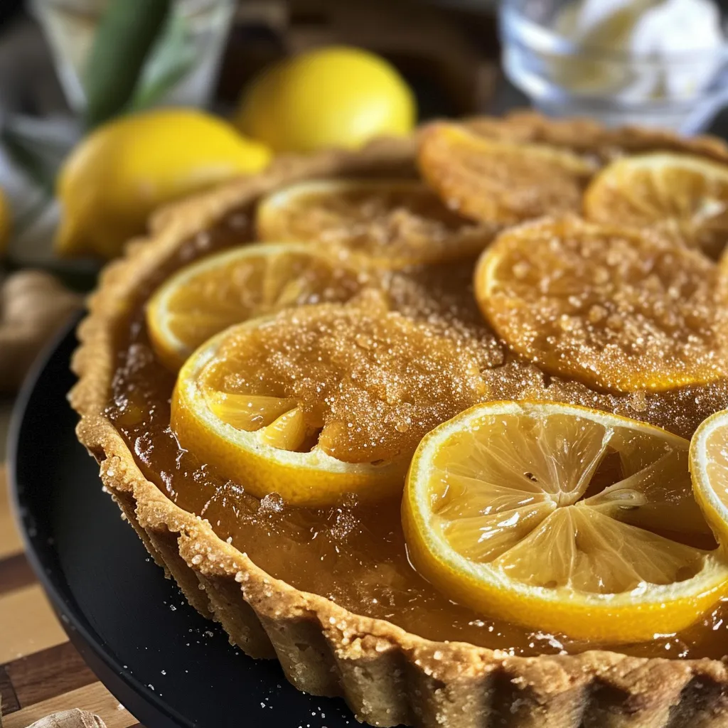 ['Side view of a Meyer Lemon Ginger Molasses Tart with a golden crust and glossy topping.', 'Juicy Meyer Lemon Ginger Molasses Tart displayed on a rustic wooden table.', 'Close-up shot of a tangy lemon tart showcasing a flaky crust and creamy filling.', 'Delicious Meyer Lemon Ginger Molasses Tart garnished with lemon zest and sliced ginger.']