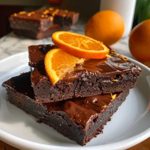 ['Close-up side view of healthy chocolate orange brownies with a glossy finish and orange zest on top.', 'Gluten-free and vegan chocolate brownies enhanced with orange slices and a rich chocolate glaze.', 'A freshly baked brownie, showing a moist texture and specks of orange zest, presented on a white plate.', 'Handcrafted brownies made with medjool dates and a hint of orange zest, captured in natural light.']