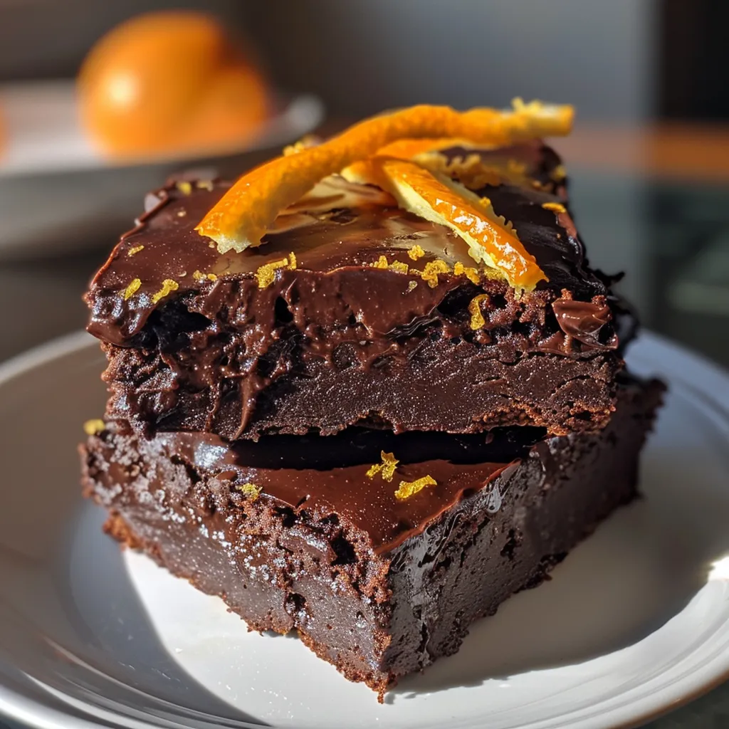['Close-up side view of healthy chocolate orange brownies with a glossy finish and orange zest on top.', 'Gluten-free and vegan chocolate brownies enhanced with orange slices and a rich chocolate glaze.', 'A freshly baked brownie, showing a moist texture and specks of orange zest, presented on a white plate.', 'Handcrafted brownies made with medjool dates and a hint of orange zest, captured in natural light.']