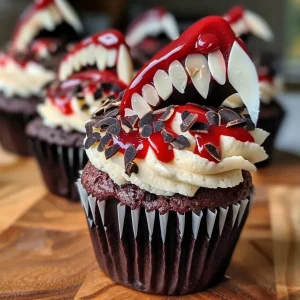['Close-up of decorated chocolate cupcakes shaped like vampire fangs with red icing.', 'Side view of chocolate cupcakes featuring almond fangs and red gel icing drips.', 'Delicious vampire fang-themed cupcakes adorned with black sprinkles and red icing.', 'Juicy chocolate cupcakes topped with vanilla frosting and spooky fang decorations.']