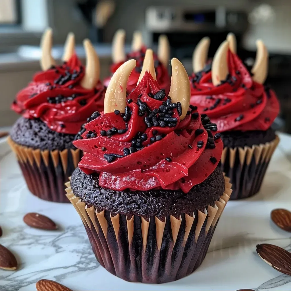 ['Close-up of decorated chocolate cupcakes shaped like vampire fangs with red icing.', 'Side view of chocolate cupcakes featuring almond fangs and red gel icing drips.', 'Delicious vampire fang-themed cupcakes adorned with black sprinkles and red icing.', 'Juicy chocolate cupcakes topped with vanilla frosting and spooky fang decorations.']