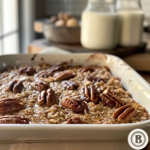 ['A close-up view of a bowl of Vanilla Chai Baked Oatmeal, showing a creamy texture topped with chopped pecans and a sprinkle of cinnamon.', 'Side view photograph of Vanilla Chai Baked Oatmeal, featuring a smooth, golden-brown surface and visible ingredients like raisins and pecans.', 'Close-up image of baked oatmeal with a rich, vanilla chai flavor, garnished with toasted pecans and a dusting of cinnamon.', 'Detailed view of Vanilla Chai Baked Oatmeal in a bowl, highlighting its enticing texture and blend of spices.']