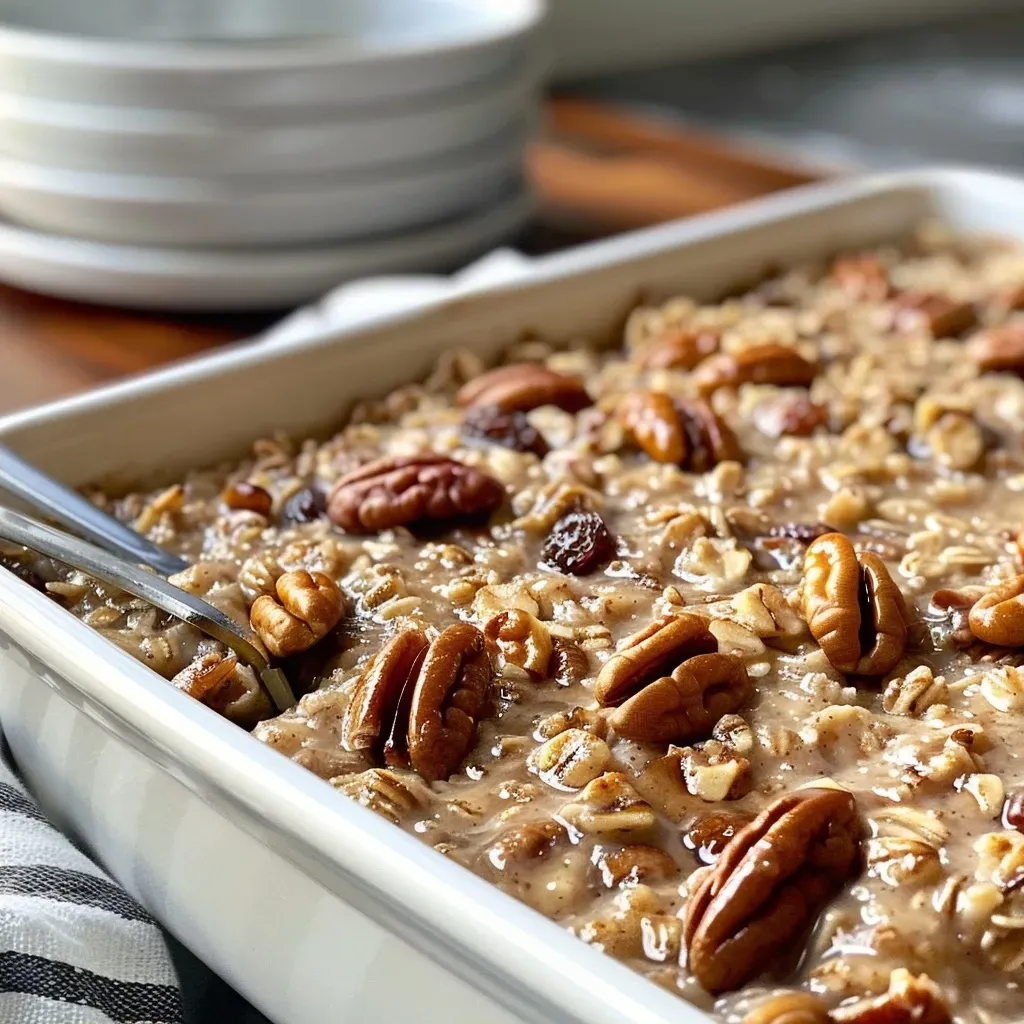['A close-up view of a bowl of Vanilla Chai Baked Oatmeal, showing a creamy texture topped with chopped pecans and a sprinkle of cinnamon.', 'Side view photograph of Vanilla Chai Baked Oatmeal, featuring a smooth, golden-brown surface and visible ingredients like raisins and pecans.', 'Close-up image of baked oatmeal with a rich, vanilla chai flavor, garnished with toasted pecans and a dusting of cinnamon.', 'Detailed view of Vanilla Chai Baked Oatmeal in a bowl, highlighting its enticing texture and blend of spices.']