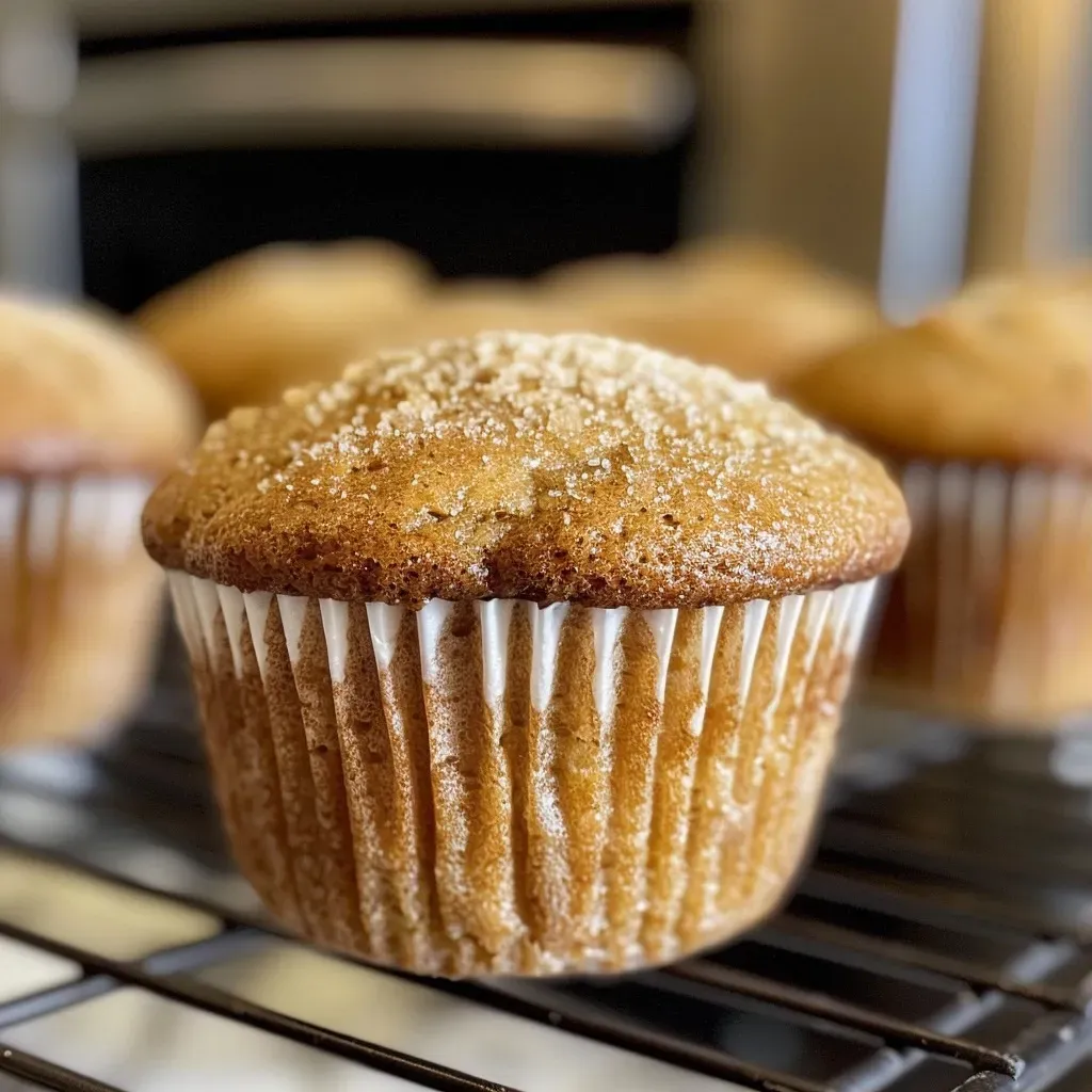 ['A close-up side view of a vanilla chai muffin with a golden-brown crust and topping.', 'Juicy vanilla chai muffins displayed with a light dusting of coarse sugar on top.', 'A fresh-baked vanilla chai muffin showcasing a fluffy texture and warm spices.', 'Side view of a muffin highlighting the moist interior and inviting spices of vanilla chai.']
