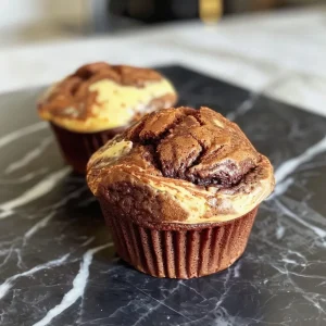 ['Close-up of marble muffins with vanilla and chocolate swirls.', 'Side view of two muffins showcasing a mix of vanilla and chocolate batter.', 'Juicy vanilla chocolate marble muffin with a golden crust.', 'Detailed image of a muffin highlighting the marble texture of chocolate and vanilla.']