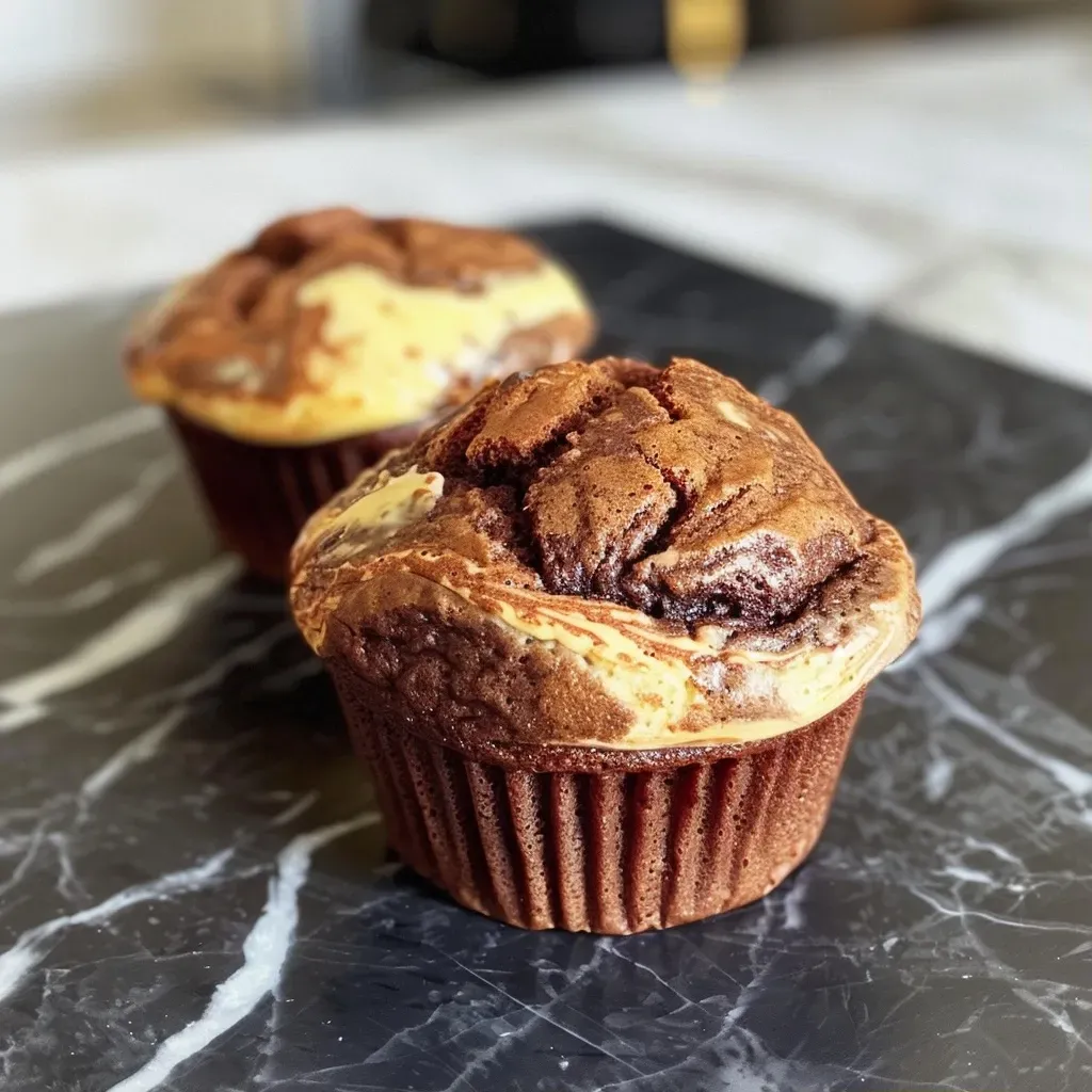 ['Close-up of marble muffins with vanilla and chocolate swirls.', 'Side view of two muffins showcasing a mix of vanilla and chocolate batter.', 'Juicy vanilla chocolate marble muffin with a golden crust.', 'Detailed image of a muffin highlighting the marble texture of chocolate and vanilla.']