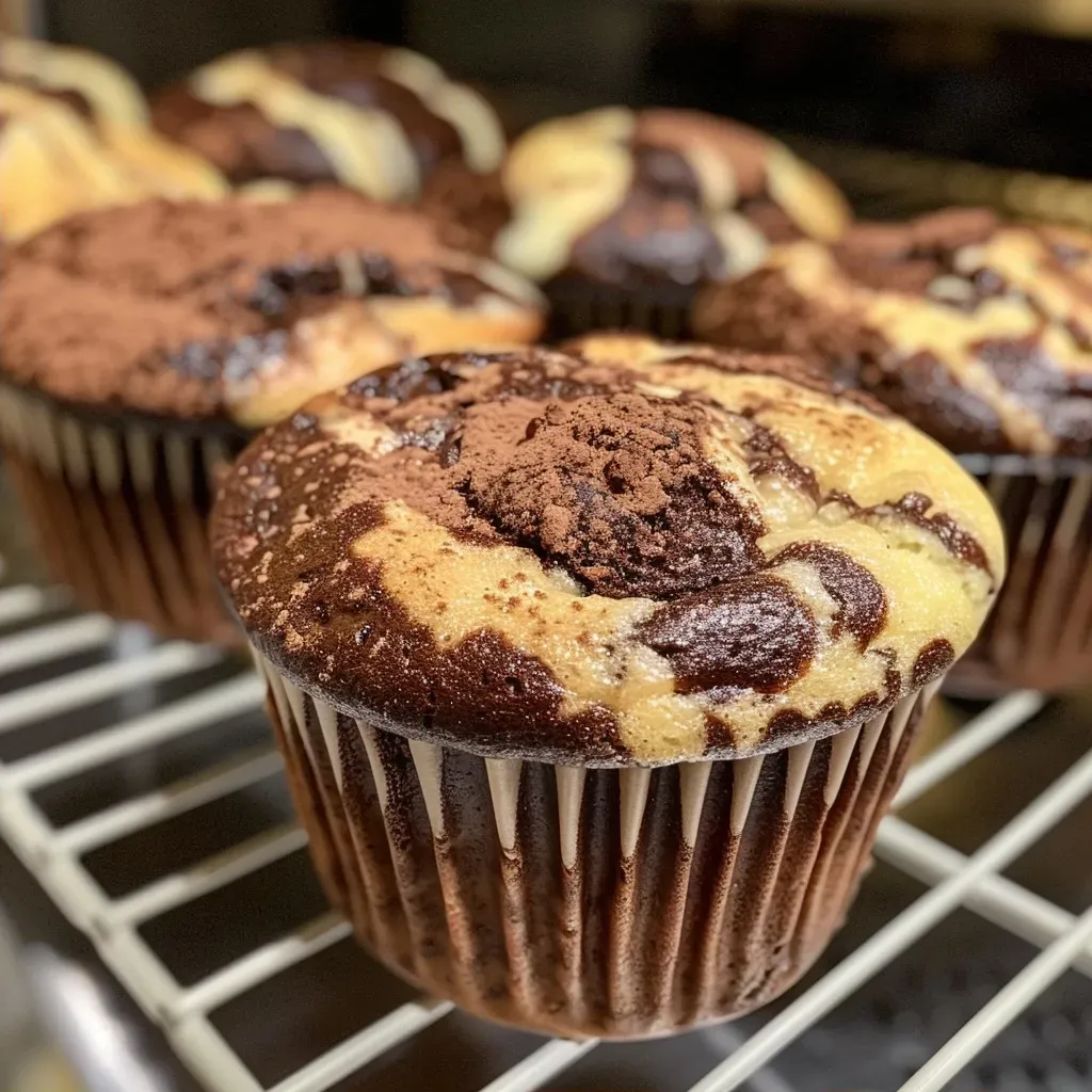 ['Close-up of marble muffins with vanilla and chocolate swirls.', 'Side view of two muffins showcasing a mix of vanilla and chocolate batter.', 'Juicy vanilla chocolate marble muffin with a golden crust.', 'Detailed image of a muffin highlighting the marble texture of chocolate and vanilla.']