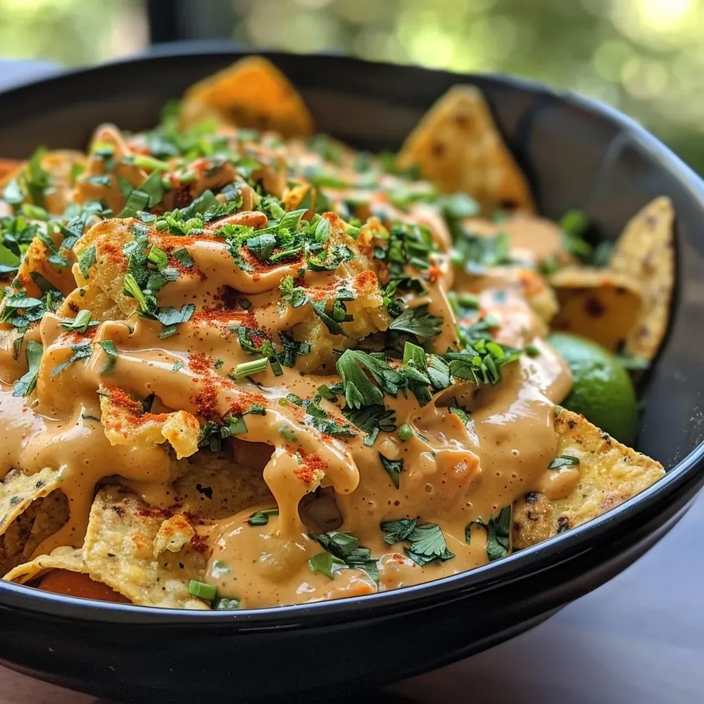 ['Close-up of creamy vegan nacho cheese in a bowl, with a smooth texture and vibrant color.', 'Side view of luscious vegan nacho cheese with a drizzle of lemon juice and herbs on top.', 'Thick, gooey nacho cheese made from vegetables, served in a small dish with green chilies.', 'Vegan nacho cheese showing a creamy consistency, garnished with spices and herbs.']