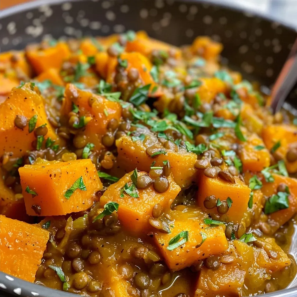 ['Close-up view of a vibrant bowl of vegan pumpkin and lentil stew, showcasing its rich orange color with visible pumpkin chunks and lentils.', 'Side angle photograph of a hearty vegan stew, featuring a mix of lentils and roasted pumpkin with aromatic herbs.', 'Detailed image of a comforting bowl of pumpkin and lentil stew, highlighting the texture of the ingredients and the steam rising from it.', 'Close-up shot of a delicious vegan stew filled with colorful vegetables, focusing on the lentils and pumpkin pieces.']