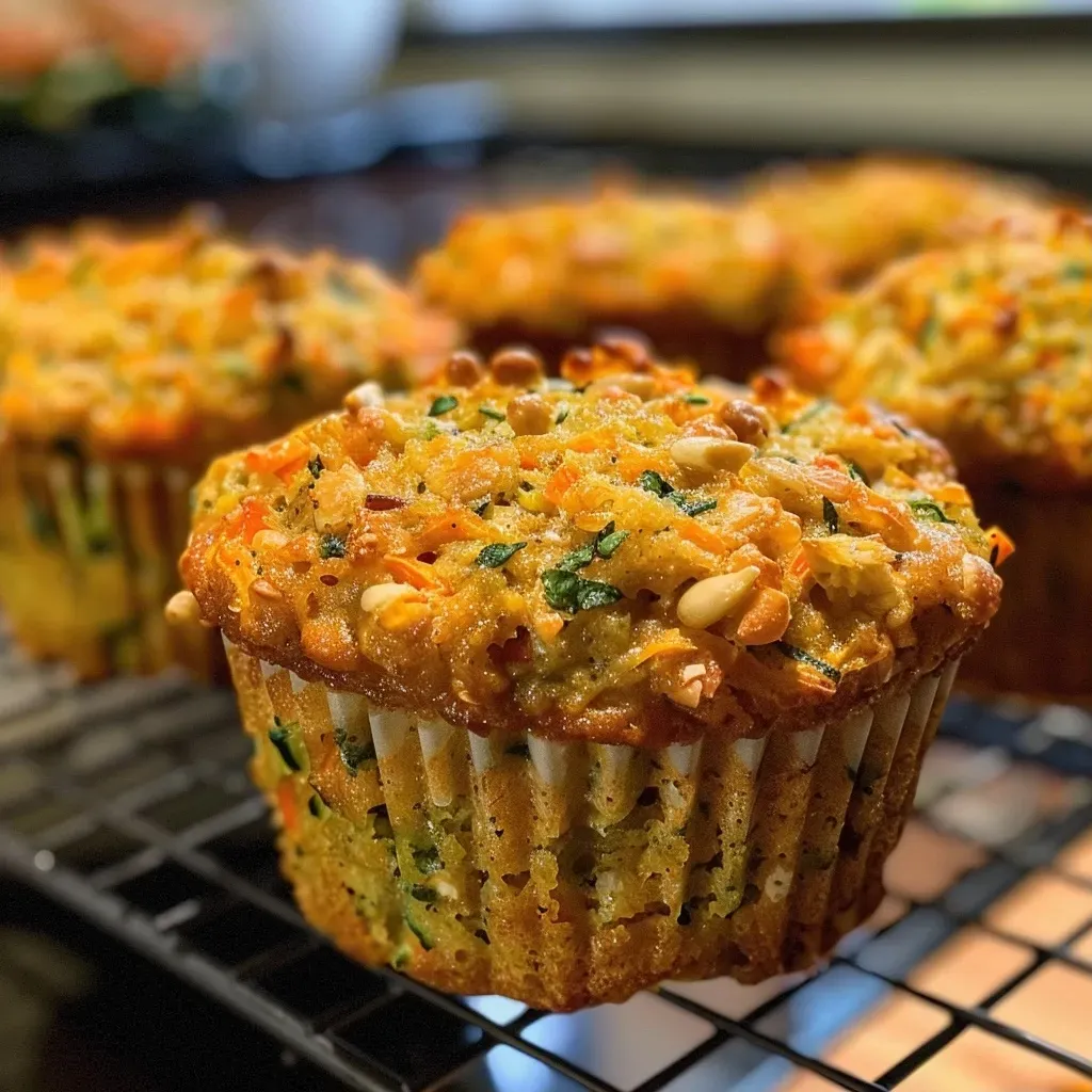 ['Close-up side view of two vegan savory muffins showcasing a golden-brown crust and visible vegetable chunks.', 'Side view of a vegan savory muffin revealing its moist interior with bits of zucchini and carrot.', 'Detailed side perspective of a delicious vegan savory muffin with a light olive oil glaze and garnished with pumpkin seeds.', 'Close-up view highlighting the texture and ingredients of freshly baked vegan savory muffins.']