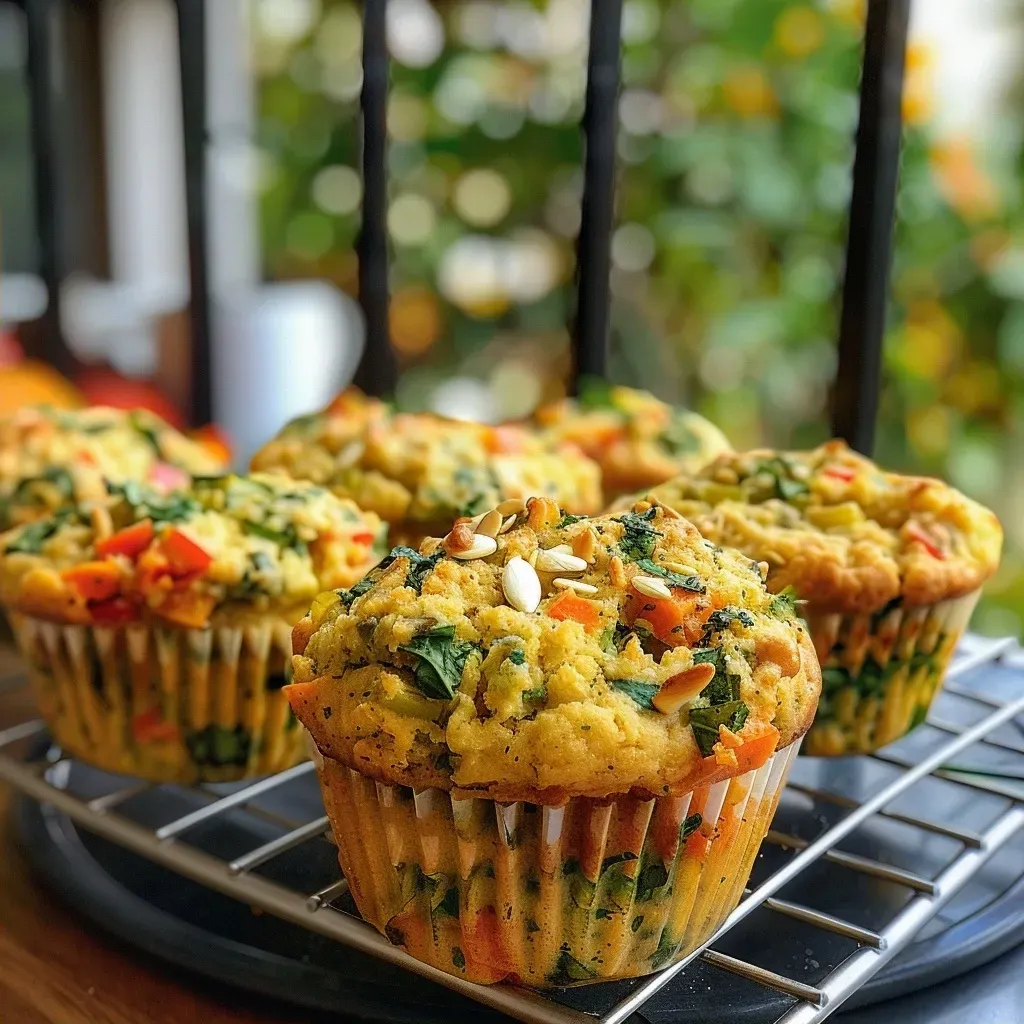 ['Close-up side view of two vegan savory muffins showcasing a golden-brown crust and visible vegetable chunks.', 'Side view of a vegan savory muffin revealing its moist interior with bits of zucchini and carrot.', 'Detailed side perspective of a delicious vegan savory muffin with a light olive oil glaze and garnished with pumpkin seeds.', 'Close-up view highlighting the texture and ingredients of freshly baked vegan savory muffins.']
