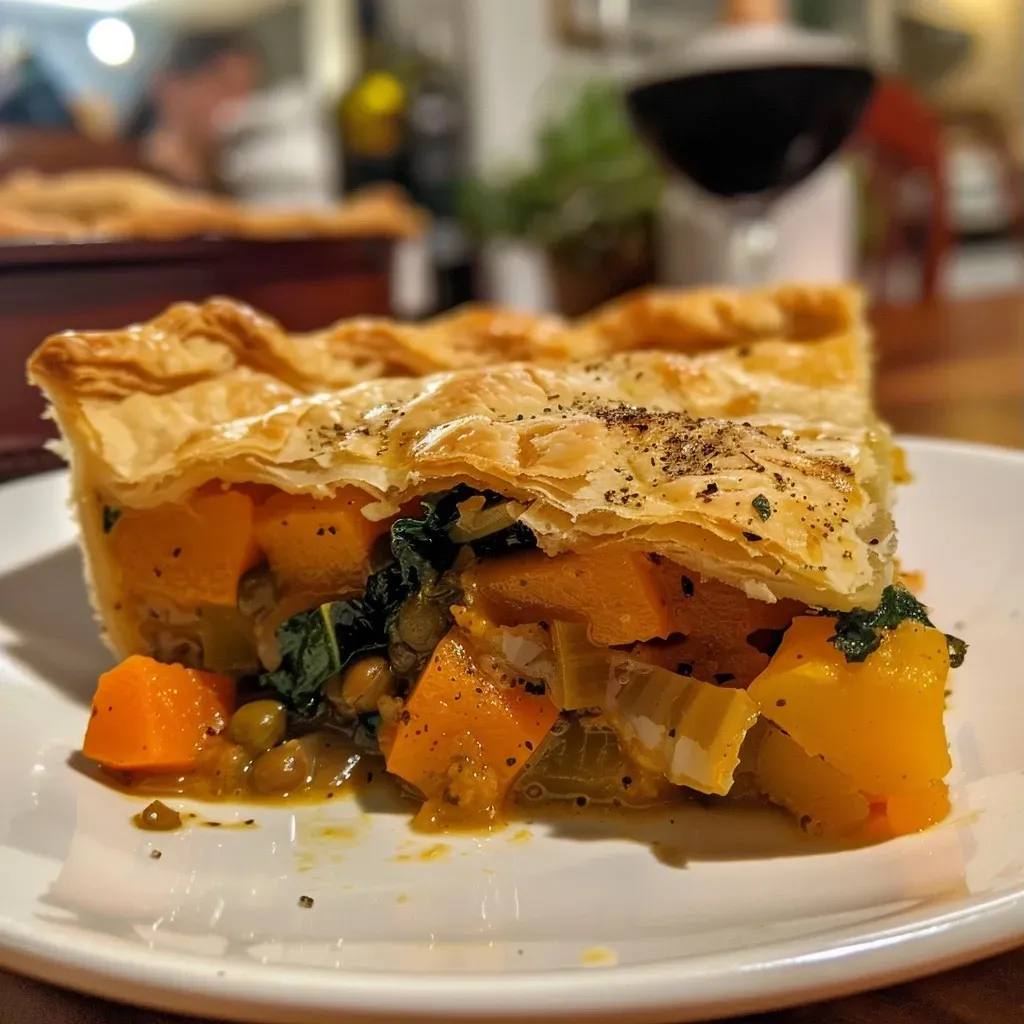 ['Close-up of a golden brown vegetable pot pie with a flaky crust.', 'Side view of a steaming vegetable pot pie filled with colorful veggies.', 'A juicy vegetable pot pie showcasing a flaky pastry crust and vibrant filling.', 'Detailed view of a baked vegetable pot pie, highlighting its rich, crusty exterior.']