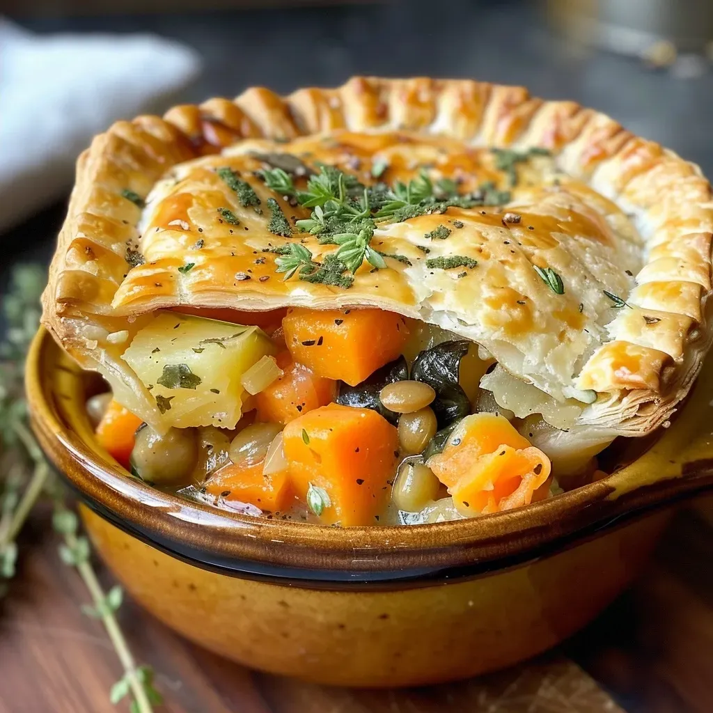 ['Close-up of a golden brown vegetable pot pie with a flaky crust.', 'Side view of a steaming vegetable pot pie filled with colorful veggies.', 'A juicy vegetable pot pie showcasing a flaky pastry crust and vibrant filling.', 'Detailed view of a baked vegetable pot pie, highlighting its rich, crusty exterior.']