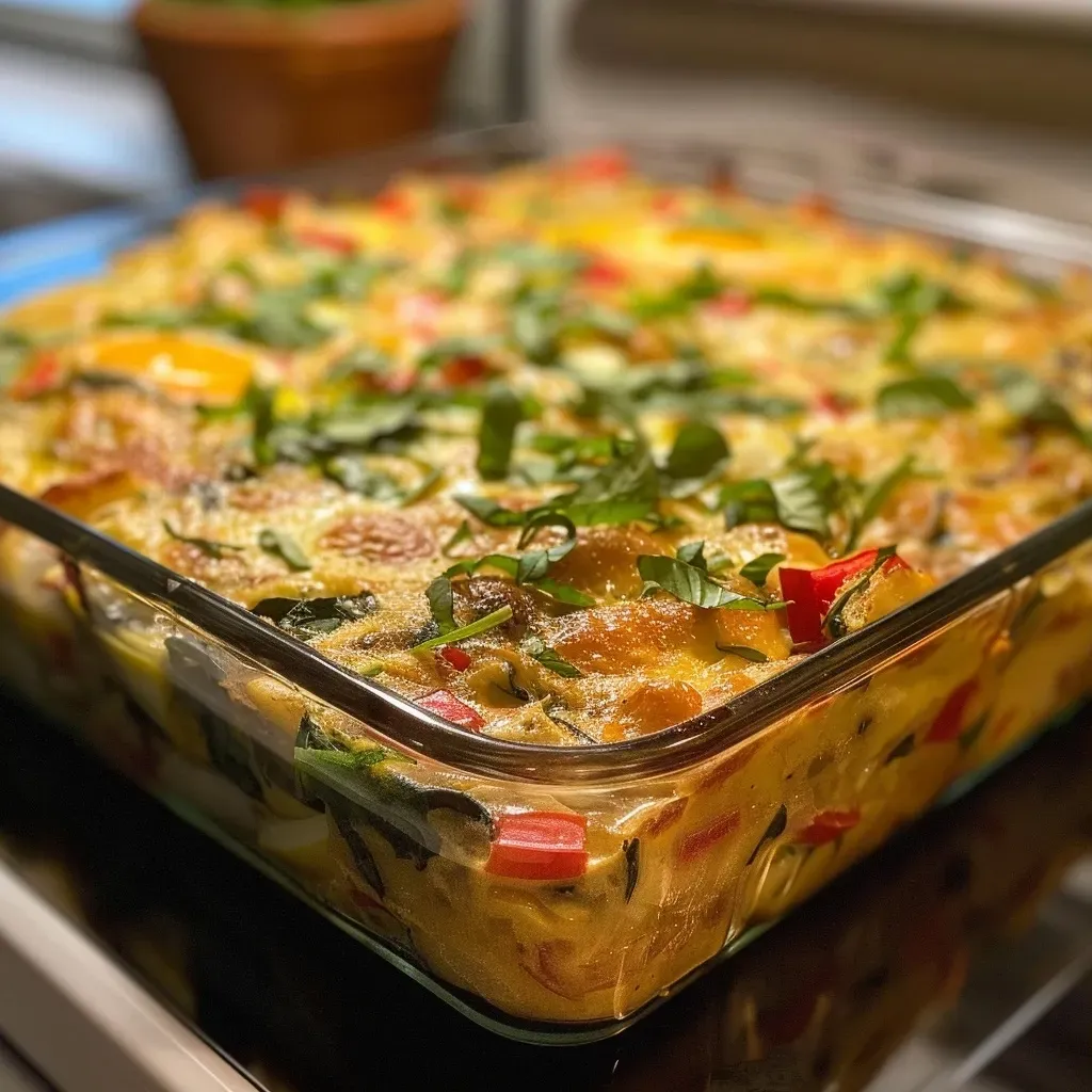['Close-up view of a luscious Vegetarian Breakfast Casserole, featuring colorful vegetables and a golden top.', 'Side view of a hearty Vegetarian Breakfast Casserole with vibrant ingredients, showcasing its texture and layers.', 'Juicy Vegetarian Breakfast Casserole presented in a dish, highlighting the blend of beans, eggs, and spinach.', 'Detailed shot of a baked Vegetarian Breakfast Casserole, revealing its colorful ingredients and cheesy topping.']
