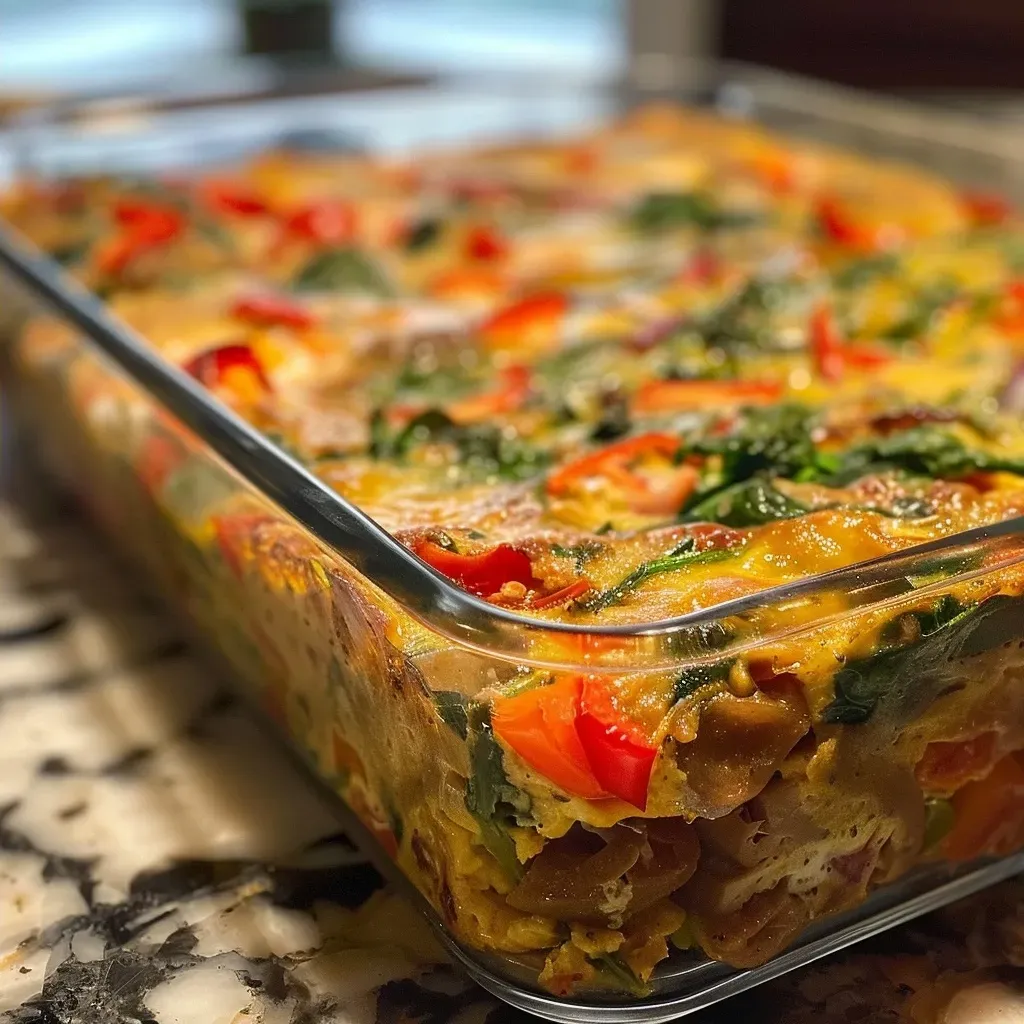 ['Close-up view of a luscious Vegetarian Breakfast Casserole, featuring colorful vegetables and a golden top.', 'Side view of a hearty Vegetarian Breakfast Casserole with vibrant ingredients, showcasing its texture and layers.', 'Juicy Vegetarian Breakfast Casserole presented in a dish, highlighting the blend of beans, eggs, and spinach.', 'Detailed shot of a baked Vegetarian Breakfast Casserole, revealing its colorful ingredients and cheesy topping.']