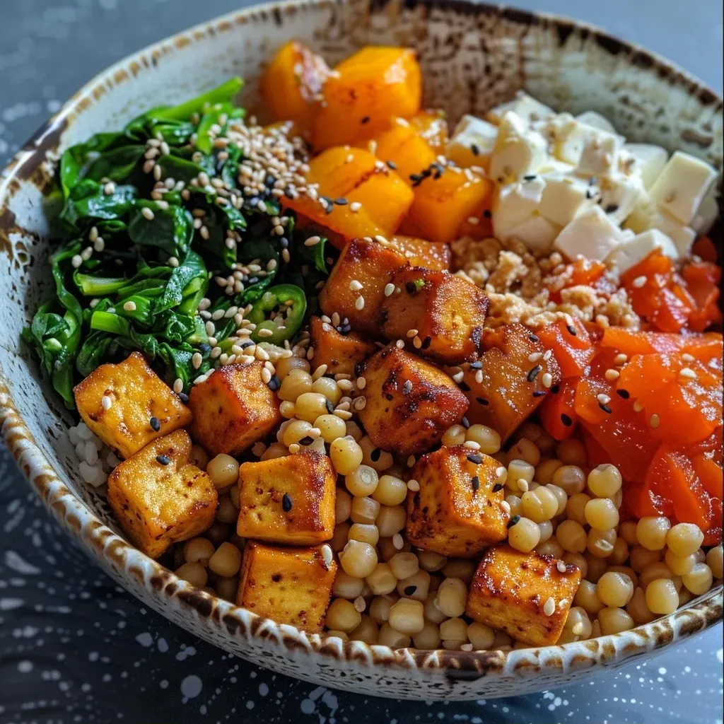 ['A close-up side view of a colorful vegetarian grain bowl featuring bulgur, tofu, and fresh vegetables.', 'A vibrant vegetarian grain bowl with chickpeas, carrots, and a soft-boiled egg, photographed from the side.', 'A detailed close-up of a grain bowl, showcasing layers of vegetables, grains, and a creamy yogurt sauce.', 'A side view of a healthy vegetarian grain bowl filled with fresh greens, roasted seeds, and a drizzle of tahini.']