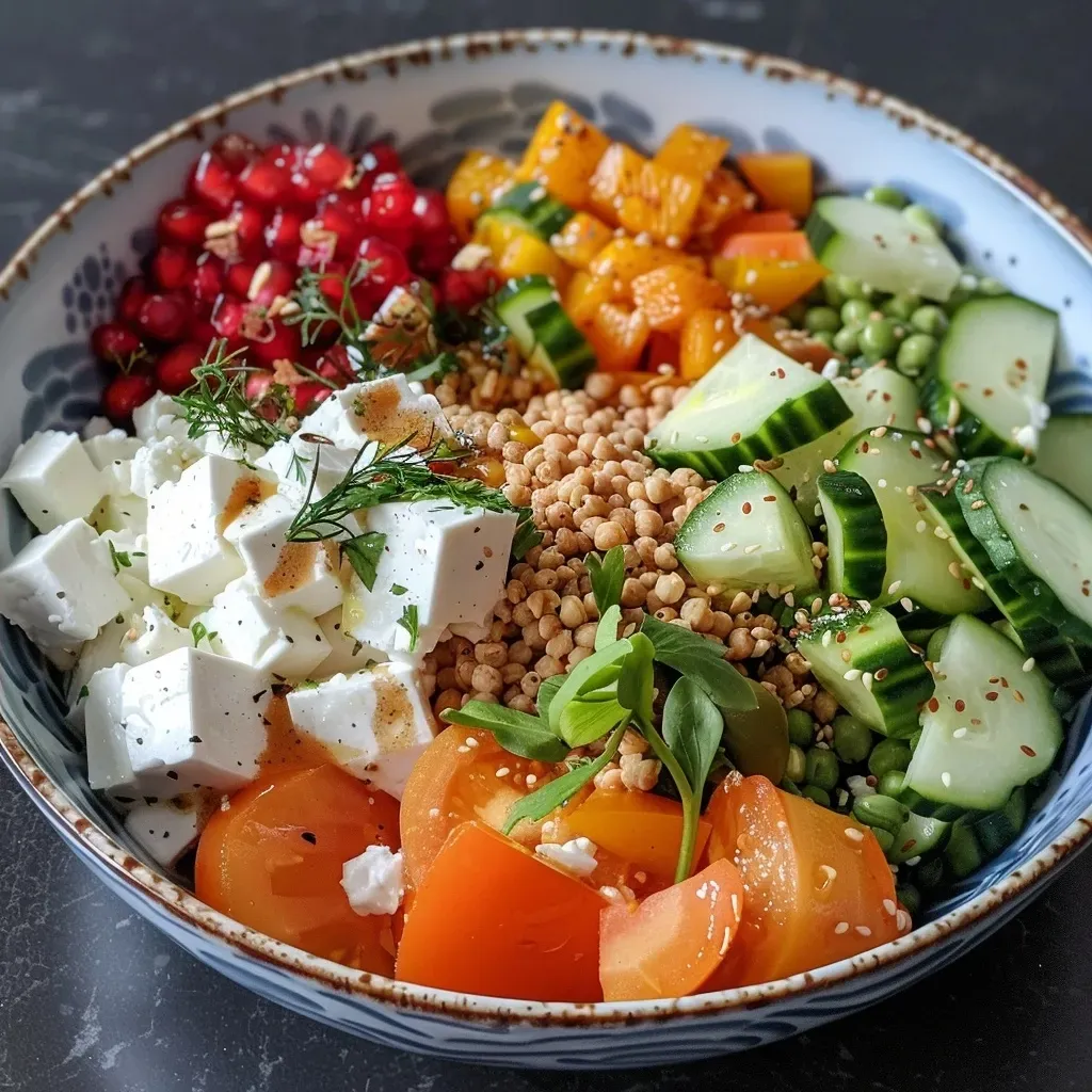 ['A close-up side view of a colorful vegetarian grain bowl featuring bulgur, tofu, and fresh vegetables.', 'A vibrant vegetarian grain bowl with chickpeas, carrots, and a soft-boiled egg, photographed from the side.', 'A detailed close-up of a grain bowl, showcasing layers of vegetables, grains, and a creamy yogurt sauce.', 'A side view of a healthy vegetarian grain bowl filled with fresh greens, roasted seeds, and a drizzle of tahini.']