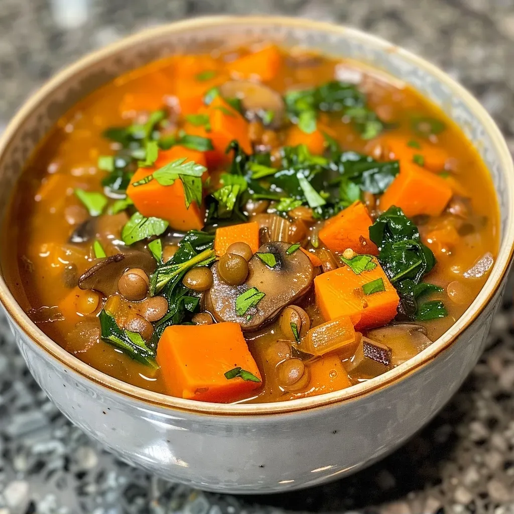 ['A close-up view of a bowl of vibrant vegetarian sweet potato lentil soup, showcasing colorful ingredients.', 'A rich, hearty vegetarian sweet potato lentil soup with visible chunks of vegetables and lentils.', 'A side view of a steaming bowl of lentil soup, highlighting sweet potatoes and greens.', 'A delicious, textured vegetarian soup featuring sweet potatoes, lentils, and fresh spinach.']