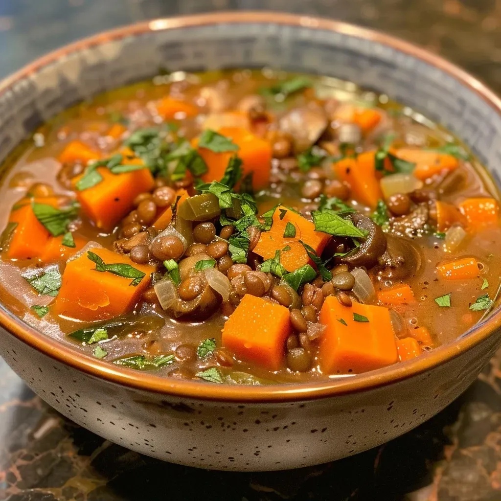 ['A close-up view of a bowl of vibrant vegetarian sweet potato lentil soup, showcasing colorful ingredients.', 'A rich, hearty vegetarian sweet potato lentil soup with visible chunks of vegetables and lentils.', 'A side view of a steaming bowl of lentil soup, highlighting sweet potatoes and greens.', 'A delicious, textured vegetarian soup featuring sweet potatoes, lentils, and fresh spinach.']