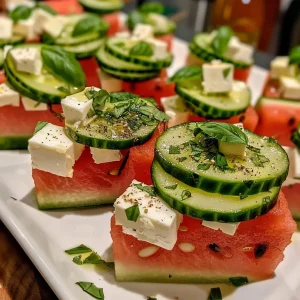 ['Close-up of Watermelon Moon Appetizers featuring vibrant watermelon, feta, cucumber, and basil.', 'Side view of colorful Watermelon Moon Appetizers arranged with fresh ingredients on a plate.', 'Juicy Watermelon Moon Appetizers with feta cheese and cucumber garnished with basil.', 'Artistic presentation of Watermelon Moon Appetizers showcasing bright watermelon and creamy feta.']