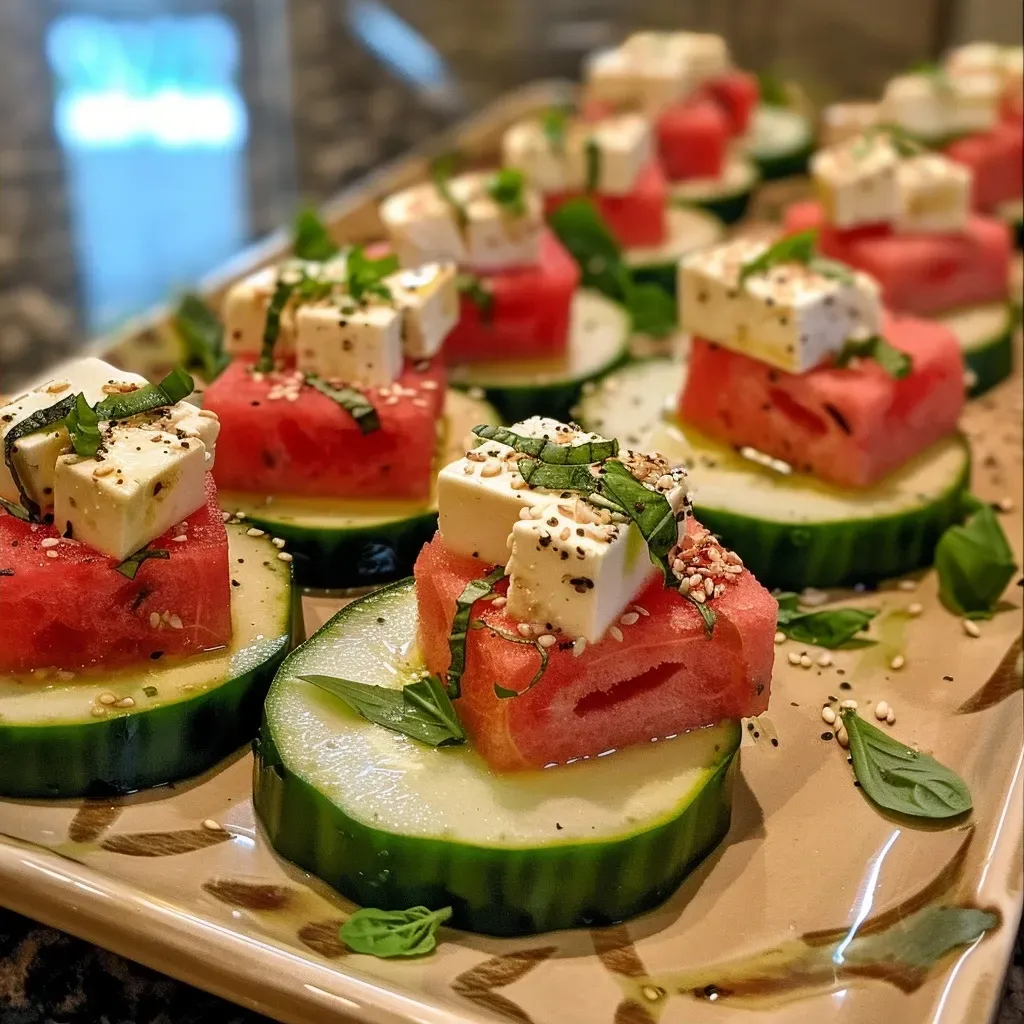 ['Close-up of Watermelon Moon Appetizers featuring vibrant watermelon, feta, cucumber, and basil.', 'Side view of colorful Watermelon Moon Appetizers arranged with fresh ingredients on a plate.', 'Juicy Watermelon Moon Appetizers with feta cheese and cucumber garnished with basil.', 'Artistic presentation of Watermelon Moon Appetizers showcasing bright watermelon and creamy feta.']