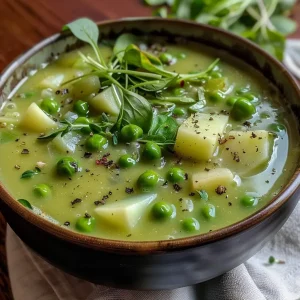 ['Close-up of a creamy green pea soup garnished with microgreens.', 'A side view of a bowl of vibrant green pea soup with visible spinach and mushrooms.', 'Detailed shot of Witches Brew green pea soup with ingredients like peas and spices.', 'A rich green soup served in a bowl, highlighting its texture and garnishes.']