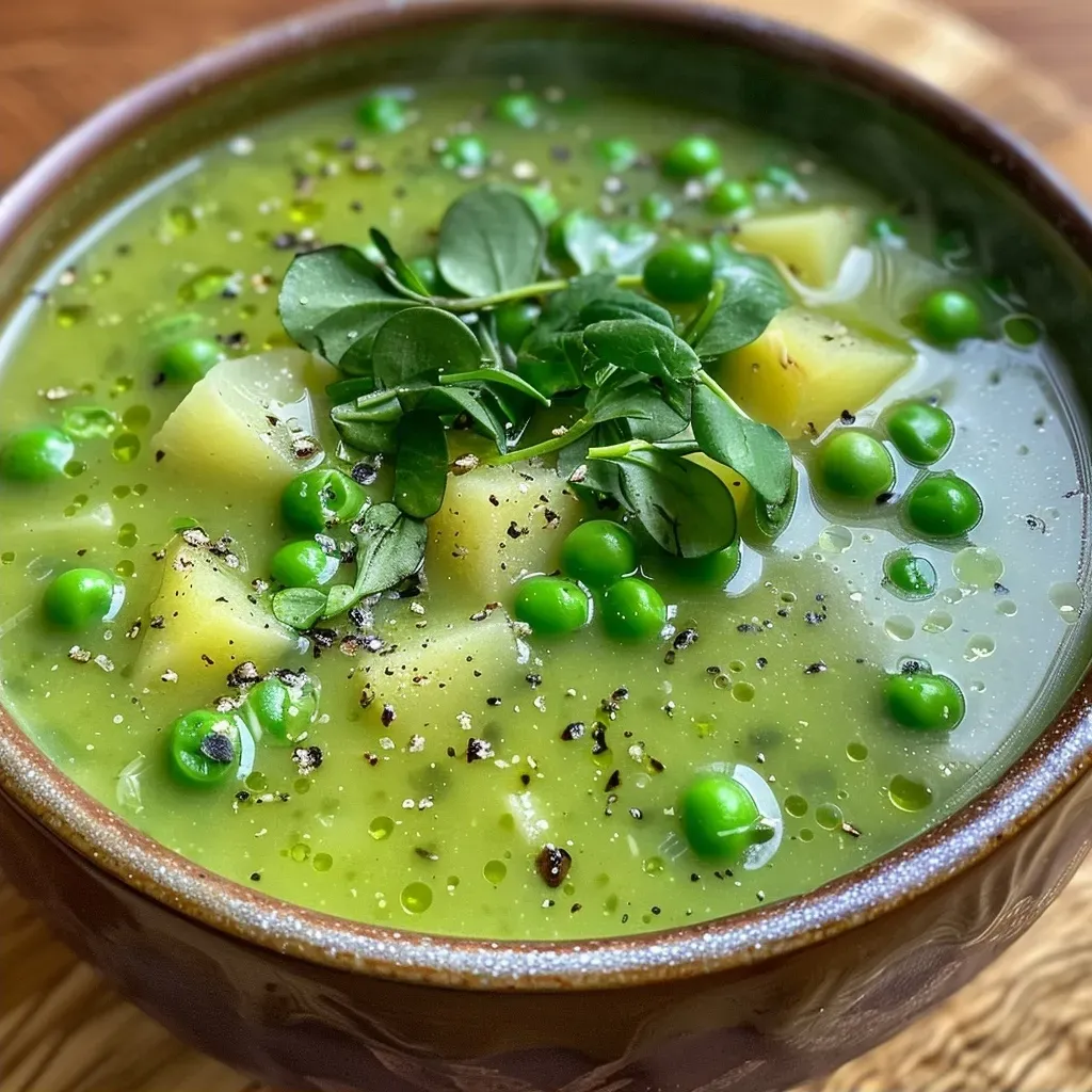 ['Close-up of a creamy green pea soup garnished with microgreens.', 'A side view of a bowl of vibrant green pea soup with visible spinach and mushrooms.', 'Detailed shot of Witches Brew green pea soup with ingredients like peas and spices.', 'A rich green soup served in a bowl, highlighting its texture and garnishes.']